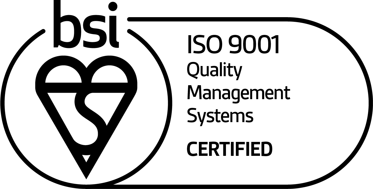 BSI logo with text: "ISO 9001 Quality Management Systems CERTIFIED." The image features a heart-shaped emblem with the letters "bsi" at the top.